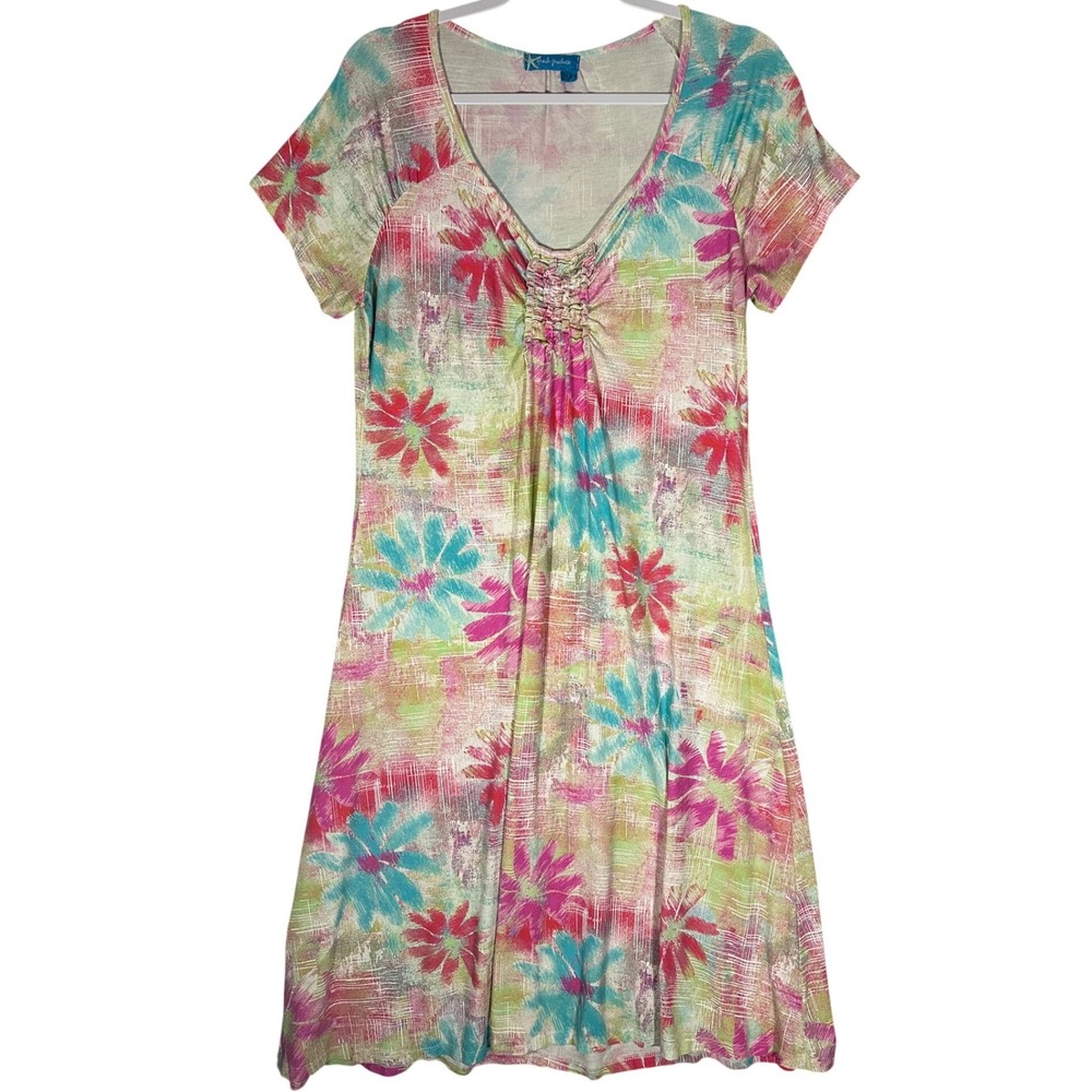 Fresh Produce Floral Ruched Midi Dress Sz L Pastel Multi Rayon Stretch VNeck USA